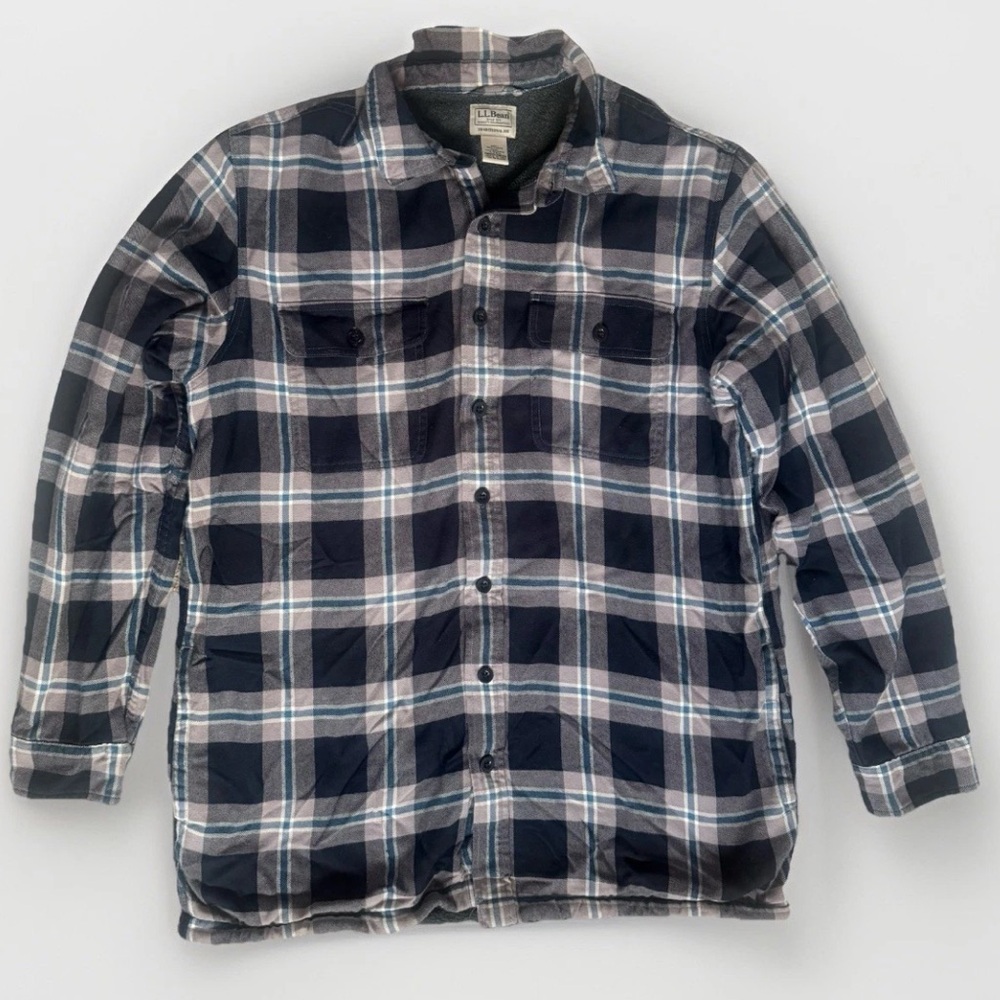 LL Bean Fleece Lined Flannel Plaid Button Up Shirt Jacket Shacket Large Tall - Picture 2 of 11